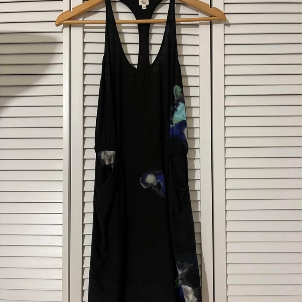 Wilfred 100% SILK Black abstract subtle print racer back dress (worn once) XS